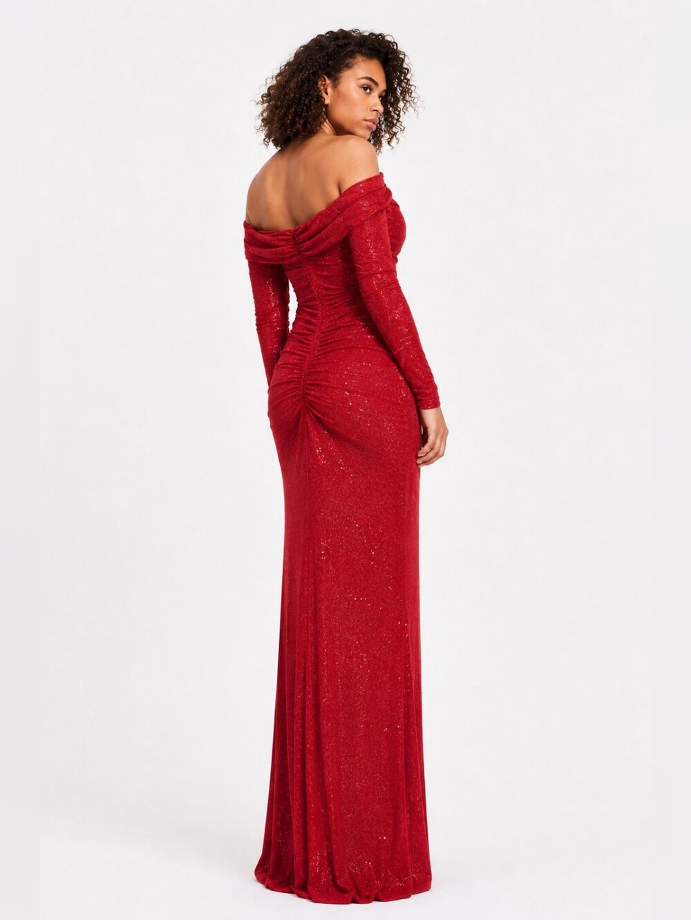 B. Darlin Red Long Sleeve Off-Shoulder Dress Bodycon Stretch Size 14-16 Shimmery
